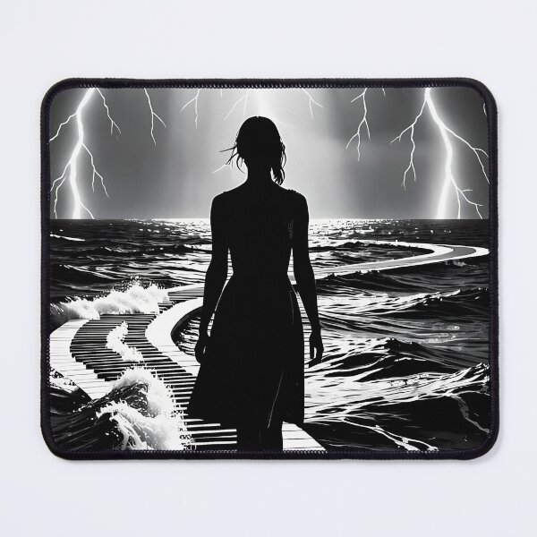 Item preview, Woman Walking Piano Path Through Stormlit Ocean Dreams designed and sold by ArtaFutura.