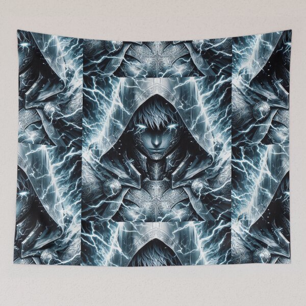 Item preview, Arcane Stormlord: Ornate Hooded Anime Knight Unleashing the Primal Power of Blue Lightning and Electrifying Fury designed and sold by MouradStudio.