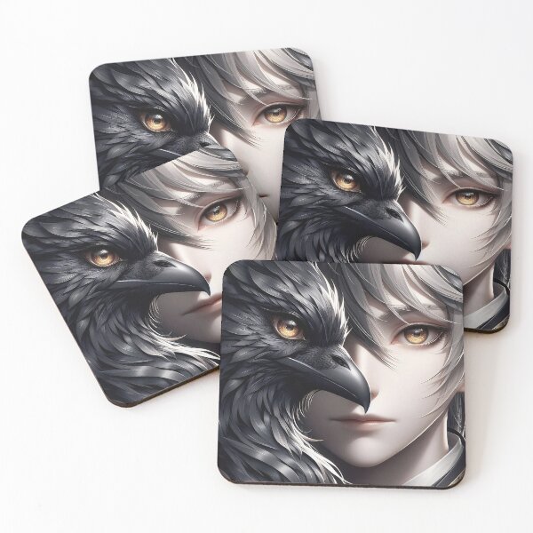 Item preview,  The Raven's Echo: Ethereal Split-Face Anime Portrait of a Mystic Bishonen and his Celestial Crow Spirit Familiar Bound by Destiny designed and sold by MouradStudio.