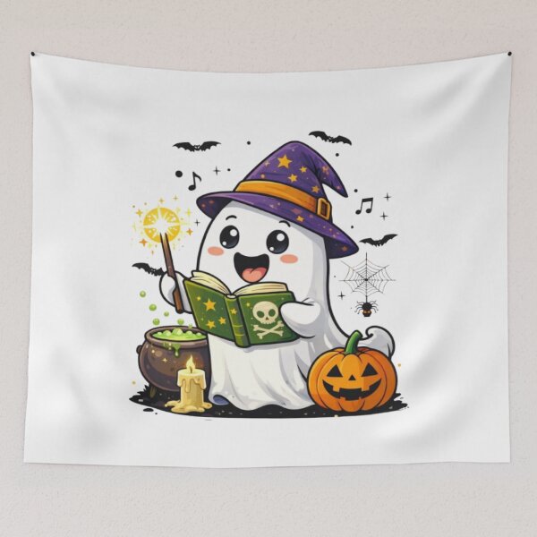 Item preview, Cute Halloween Ghost Wizard – Kawaii Spooky Magic Ghost with Pumpkin & Spell Book designed and sold by Be-You-Vibes.