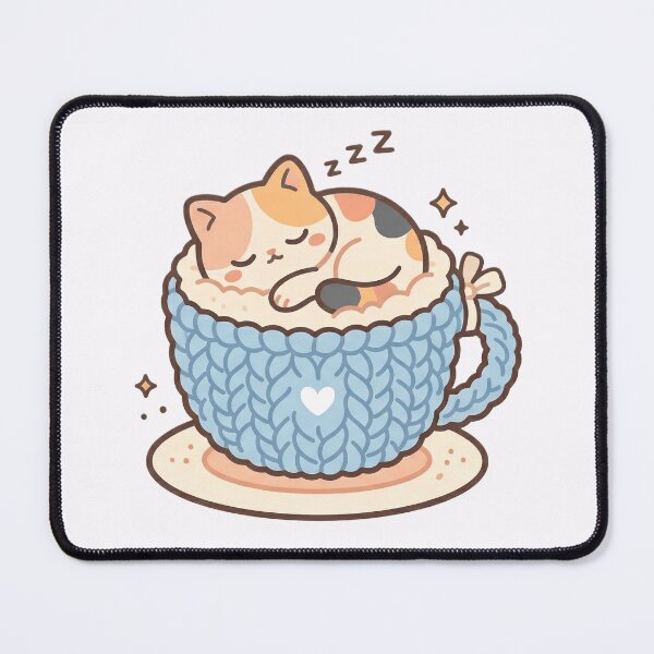 Item preview, Kawaii Calico Cat Sleeping in Cozy Knitted Blue Teacup designed and sold by RADesignHub.
