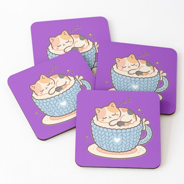 Item preview, Kawaii Calico Cat Sleeping in Cozy Knitted Blue Teacup designed and sold by RADesignHub.