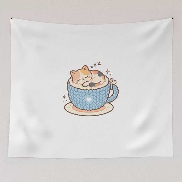 Item preview, Kawaii Calico Cat Sleeping in Cozy Knitted Blue Teacup designed and sold by RADesignHub.
