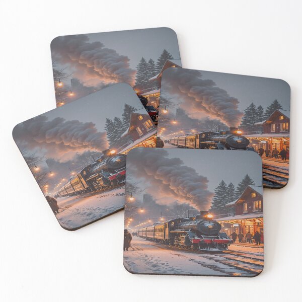 Item preview, Vintage Steam Train in Snowy Village – Cozy Winter Night Railway Art designed and sold by BeautifulVirtues.