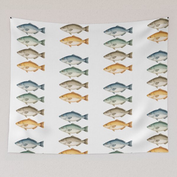 Aperçu de l'œuvre T-shirt à motif de poissons aquarelle, design marin minimaliste, style côtier, cadeau original pour les amoureux de l'océan créée et vendue par StormArte.