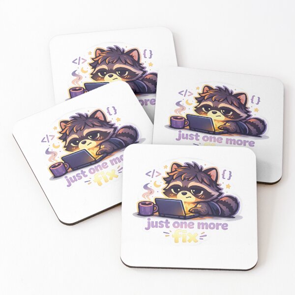 Item preview, Just One More Fix – Sleepy Coder Raccoon Debugging At Night Sticker designed and sold by Naviora.