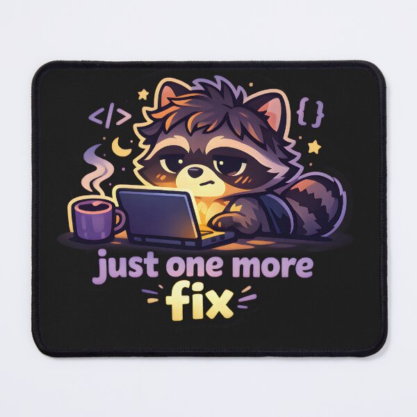 Item preview, Just One More Fix – Sleepy Coder Raccoon Debugging At Night Sticker designed and sold by Naviora.