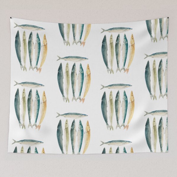 Aperçu de l'œuvre T-shirt aquarelle sardine, motif marin vintage, style côtier minimaliste, cadeau original pour les amoureux de la mer créée et vendue par StormArte.