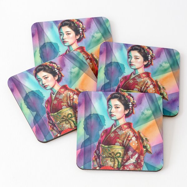 Item preview, Watercolor Anniversary Portrait: Japanese Maiden in Red Furisode (20 Years) designed and sold by VibranPalette.