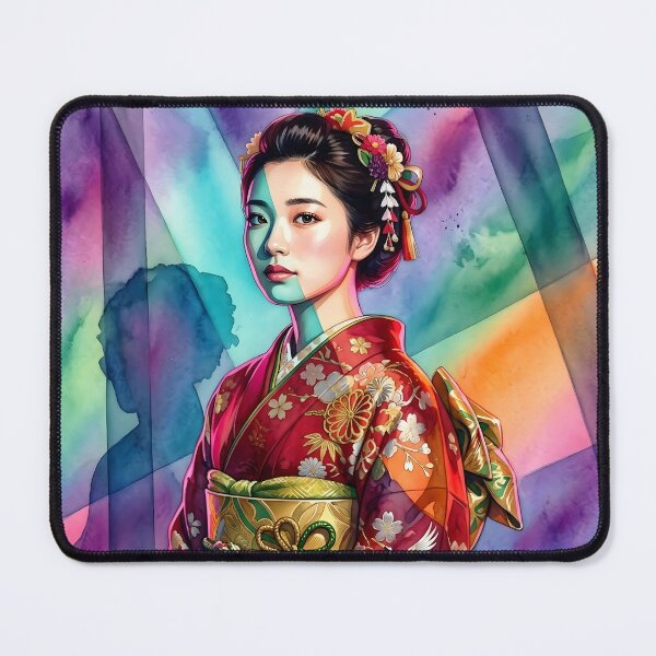 Item preview, Watercolor Anniversary Portrait: Japanese Maiden in Red Furisode (20 Years) designed and sold by VibranPalette.