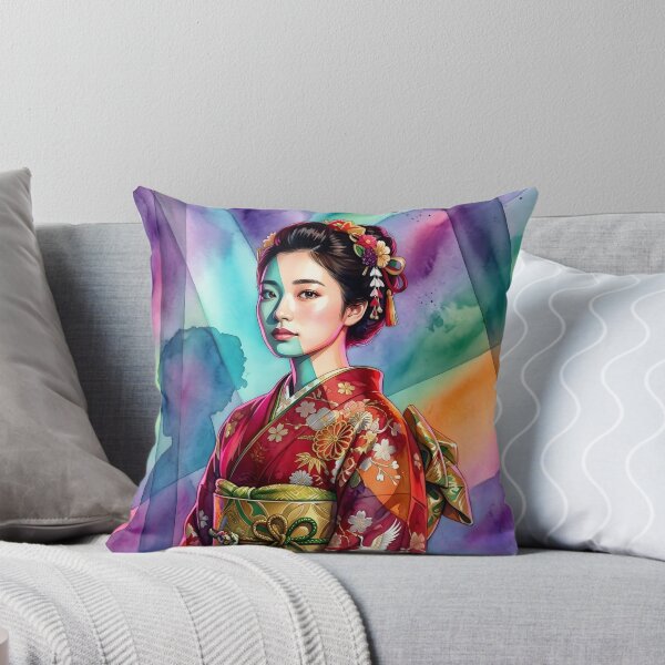 Item preview, Watercolor Anniversary Portrait: Japanese Maiden in Red Furisode (20 Years) designed and sold by VibranPalette.