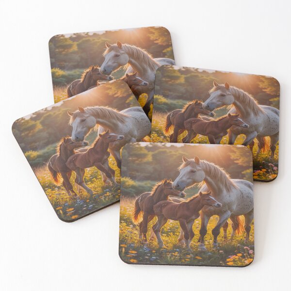Item preview, Mother Horse with Foals at Sunset – Warm Golden Meadow Equine Art designed and sold by BeautifulVirtues.