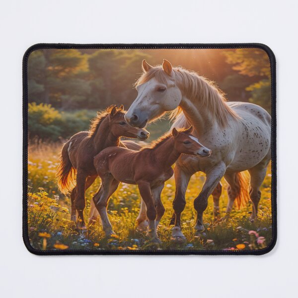 Item preview, Mother Horse with Foals at Sunset – Warm Golden Meadow Equine Art designed and sold by BeautifulVirtues.