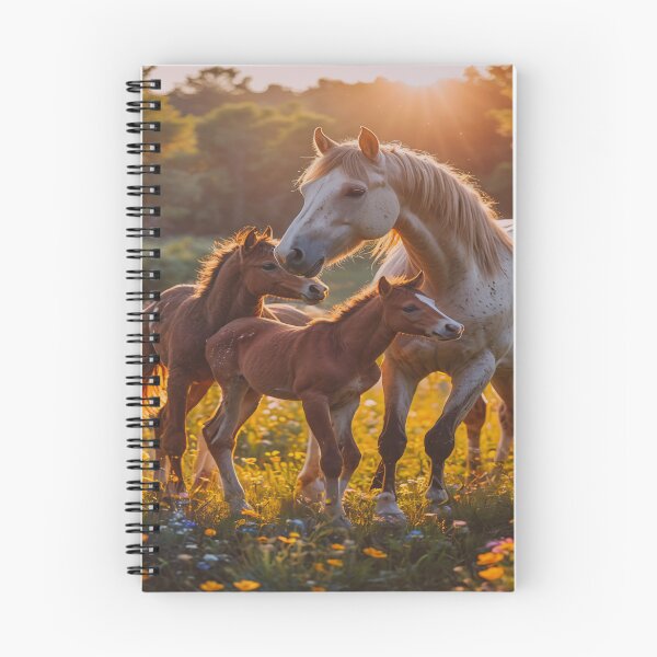 Item preview, Mother Horse with Foals at Sunset – Warm Golden Meadow Equine Art designed and sold by BeautifulVirtues.