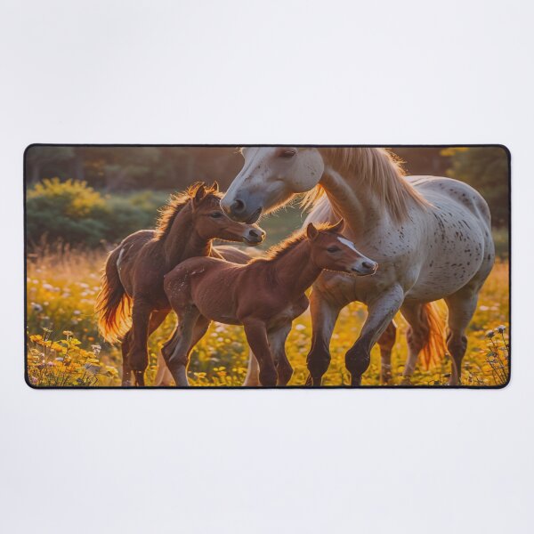 Item preview, Mother Horse with Foals at Sunset – Warm Golden Meadow Equine Art designed and sold by BeautifulVirtues.