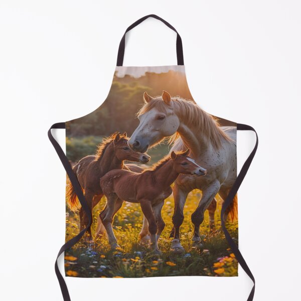 Item preview, Mother Horse with Foals at Sunset – Warm Golden Meadow Equine Art designed and sold by BeautifulVirtues.