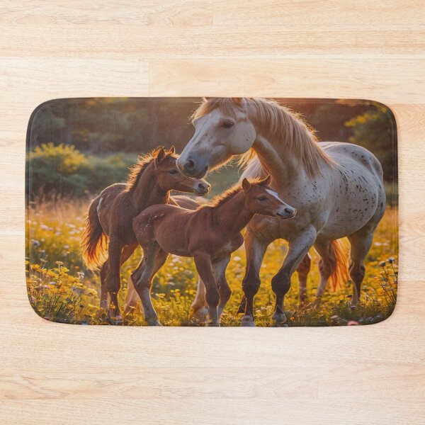 Item preview, Mother Horse with Foals at Sunset – Warm Golden Meadow Equine Art designed and sold by BeautifulVirtues.
