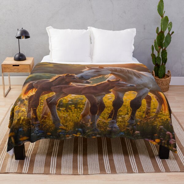 Item preview, Mother Horse with Foals at Sunset – Warm Golden Meadow Equine Art designed and sold by BeautifulVirtues.