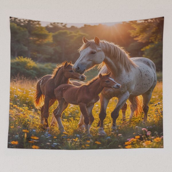 Item preview, Mother Horse with Foals at Sunset – Warm Golden Meadow Equine Art designed and sold by BeautifulVirtues.