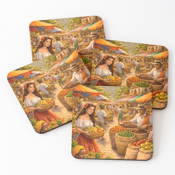 Item preview, Caribbean Market Scene – Tropical Fruit & Coffee Village Art – Colorful Island Life Illustration for Stickers & Apparel designed and sold by QuietWallStudio.