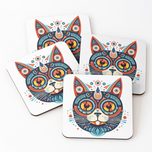 Item preview, Colorful Geometric Cat Face Illustration | Abstract Folk Art Kitty Design designed and sold by ArtoryNest.