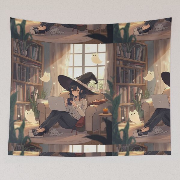 Item preview, Cozy Witch Aesthetic Girl with Laptop & Ghosts Cute Anime Cottagecore Magic Art designed and sold by Quite mind .