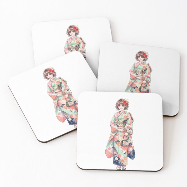Item preview, Stylish young Japanese woman: retro sunglasses and a colorful furisode-style crane print kimono to celebrate 20 years. designed and sold by VibranPalette.