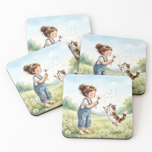 Item preview, Watercolor Girl with Dandelion and Cat designed and sold by Maria Dryfhout.