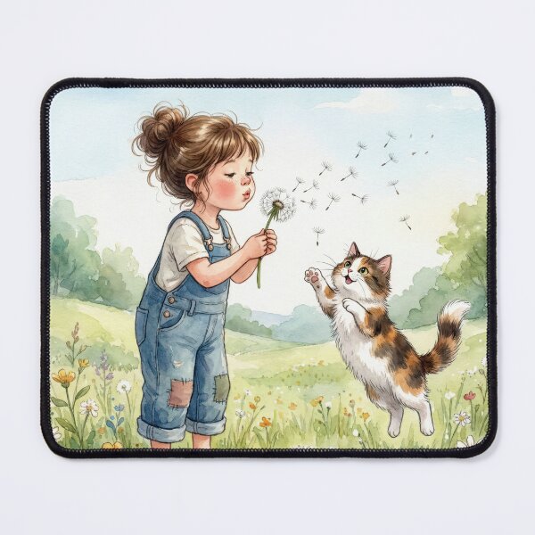 Item preview, Watercolor Girl with Dandelion and Cat designed and sold by Maria Dryfhout.
