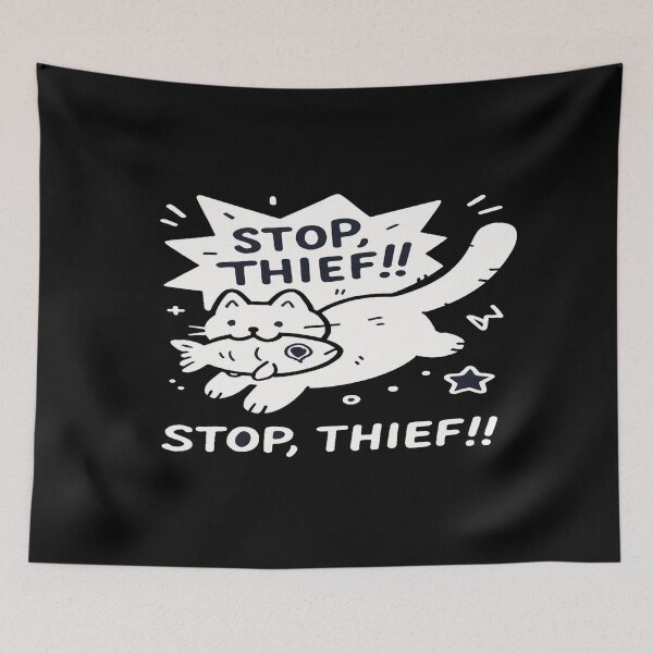 Item preview, Playful Cat Stealing Fish Design • Funny “Stop Thief” Illustration • Cute Pet Humor Artwork designed and sold by Bright Nest Studio.