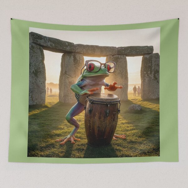 Item preview, Red-Eyed Tree Frog Plays Conga Drum at Stonehenge designed and sold by Tridentulus.