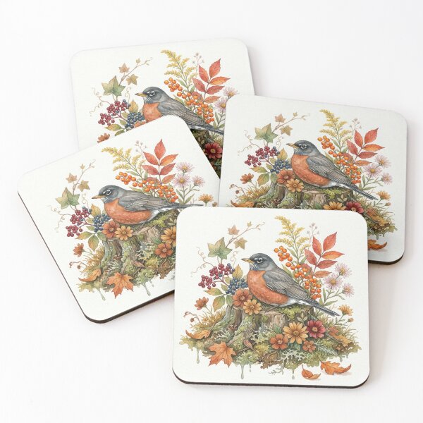 Item preview, Watercolor American Robin On Tree Stump With Autumn Leaves. designed and sold by digoarpi.