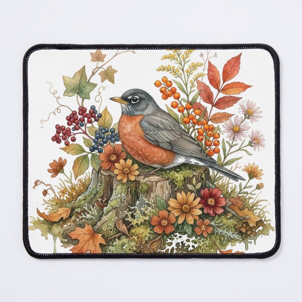 Item preview, Watercolor American Robin On Tree Stump With Autumn Leaves. designed and sold by digoarpi.
