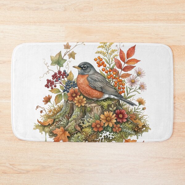 Item preview, Watercolor American Robin On Tree Stump With Autumn Leaves. designed and sold by digoarpi.