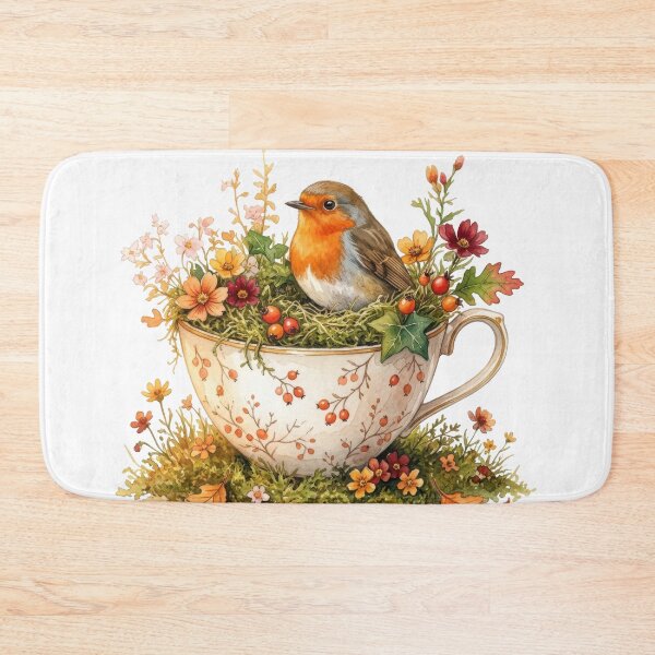 Item preview, Watercolor Robin Bird In Vintage Teacup With Flowers designed and sold by digoarpi.