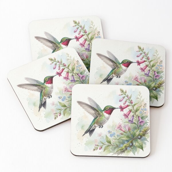 Item preview, Watercolor Ruby-throated Hummingbird Hovering Near Flowers. designed and sold by digoarpi.