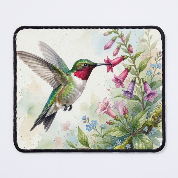 Item preview, Watercolor Ruby-throated Hummingbird Hovering Near Flowers. designed and sold by digoarpi.
