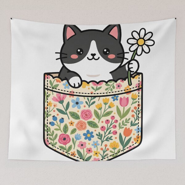 Item preview, Kawaii Tuxedo Cat Peeking From Flower Pocket designed and sold by The Grumpy Pet Club.