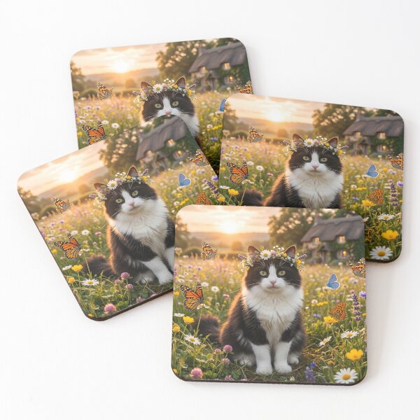 Item preview, Fluffy Tuxedo Cat with Flower Crown and Butterflies designed and sold by The Grumpy Pet Club.