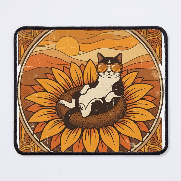 Item preview, Retro 70s Cool Tuxedo Cat Chilling on Sunflower designed and sold by The Grumpy Pet Club.