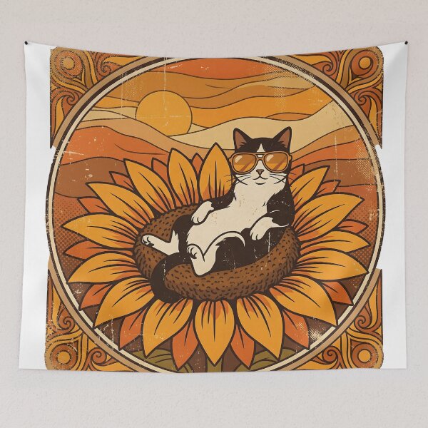 Item preview, Retro 70s Cool Tuxedo Cat Chilling on Sunflower designed and sold by The Grumpy Pet Club.