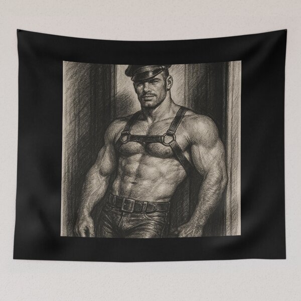 Item preview, Leather Daddy Harnessed for Attention Charcoal Sketch Gay Pride Art Design designed and sold by ItsAKinkThing.