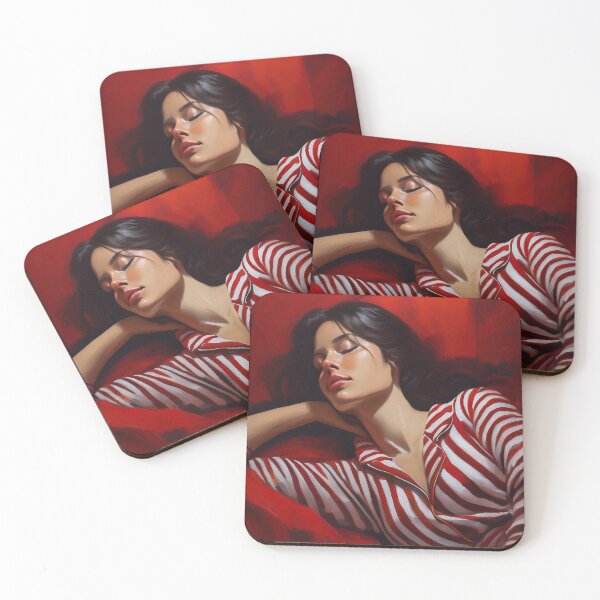 Item preview, Portrait painting sleeping woman in red white striped pyjama designed and sold by TYA - Take Your Art.