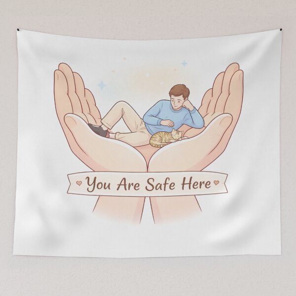 Item preview, You Are Safe Here - Peaceful Man and Cat Illustration designed and sold by MarZeDesigns .