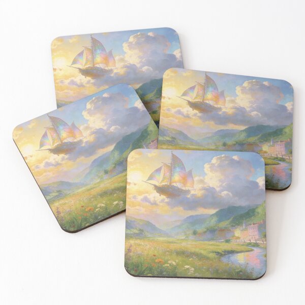 Item preview, Fantasy Airship Over River & Mountain Village, Ethereal Impressionist Wall Decor designed and sold by BlareBlare.