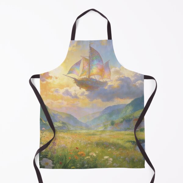 Item preview, Fantasy Airship Over River & Mountain Village, Ethereal Impressionist Wall Decor designed and sold by BlareBlare.