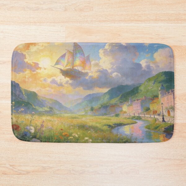 Item preview, Fantasy Airship Over River & Mountain Village, Ethereal Impressionist Wall Decor designed and sold by BlareBlare.