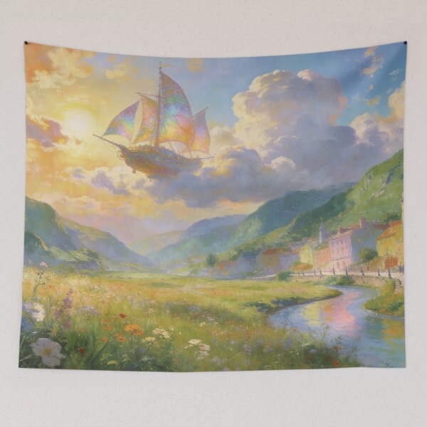 Item preview, Fantasy Airship Over River & Mountain Village, Ethereal Impressionist Wall Decor designed and sold by BlareBlare.
