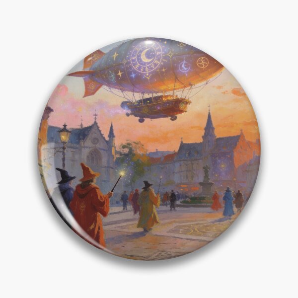 Item preview, Magical Airship Above Grand Square, Whimsical Wizard World Impressionist Art designed and sold by BlareBlare.