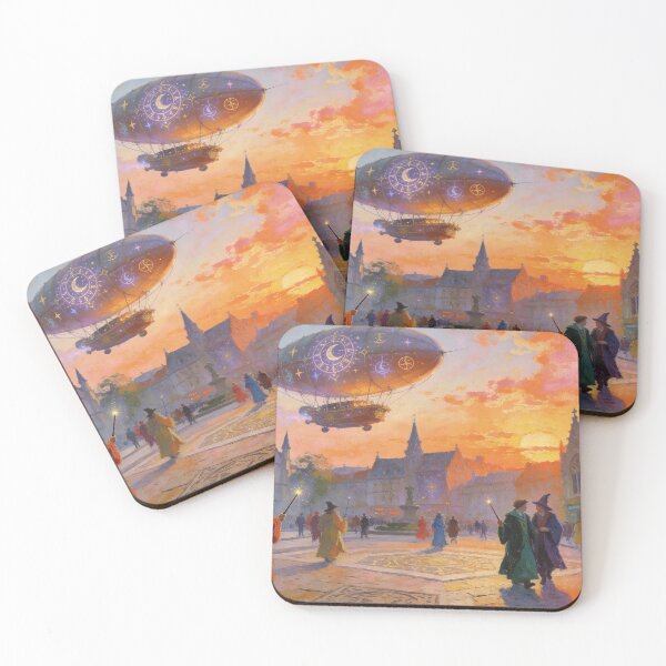 Item preview, Magical Airship Above Grand Square, Whimsical Wizard World Impressionist Art designed and sold by BlareBlare.